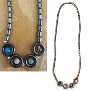 Handmade Hematite Necklace with Multicolor Cats Eye Beads / 17" Bead Necklace
